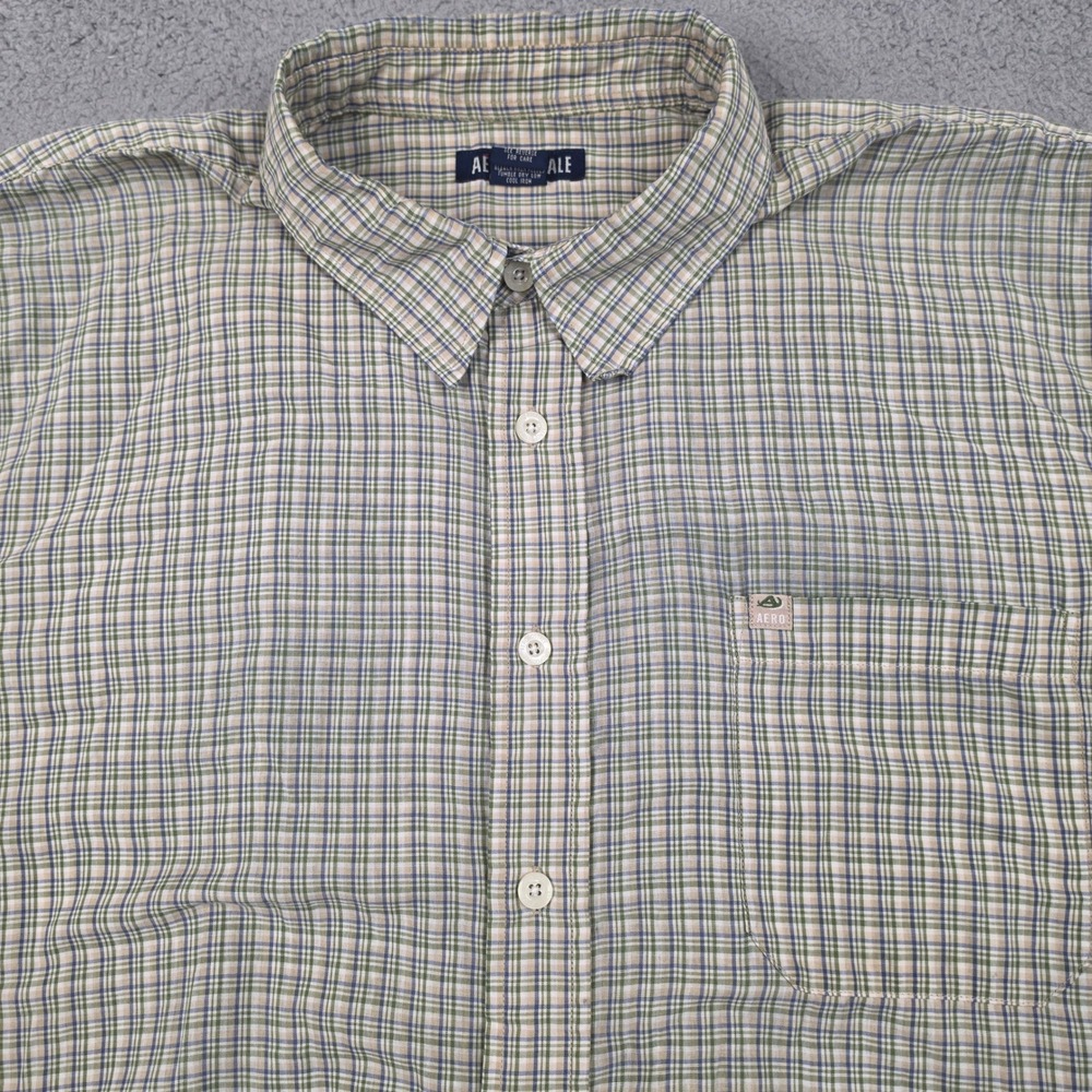 Vintage Aeropostale Shirt Men XL Short Sleeve Plaid Button Down Beige Green Blue
